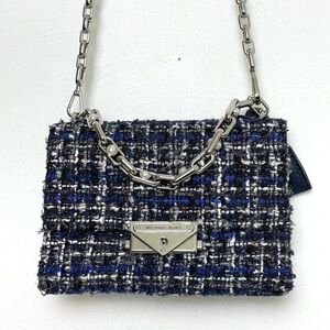 MICHAEL KORS Cece Tweed Small Shoulder Crossbody Satchel Bag Silver Chain Luxury